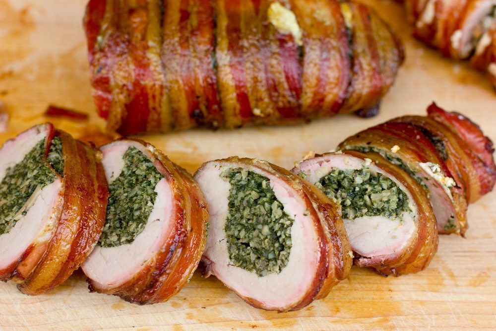 Bacon Wrapped Smoked Pork Tenderloin Stuffed with Spinach and Mushrooms