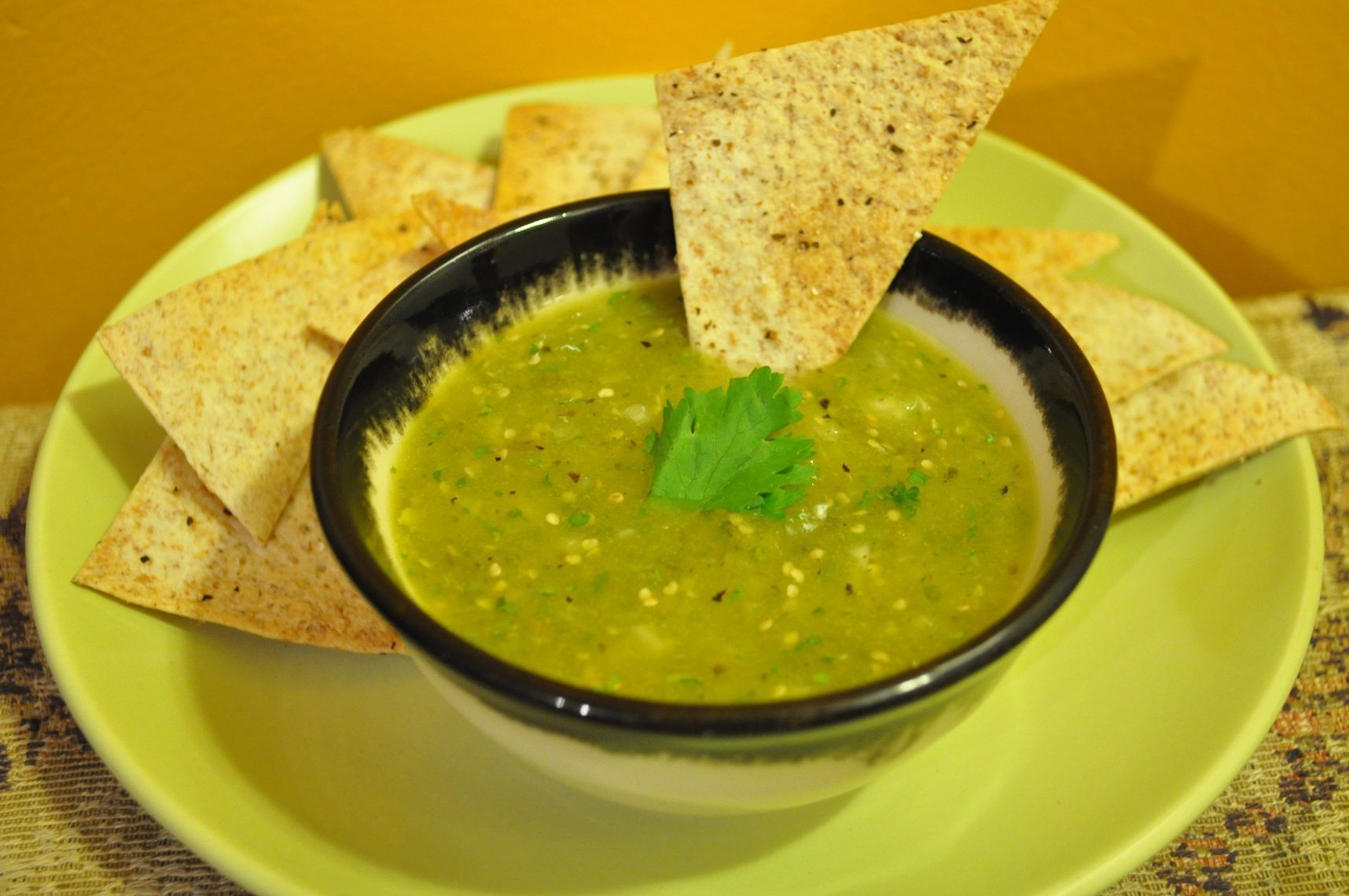 Grilled tomatillo salsa and chips