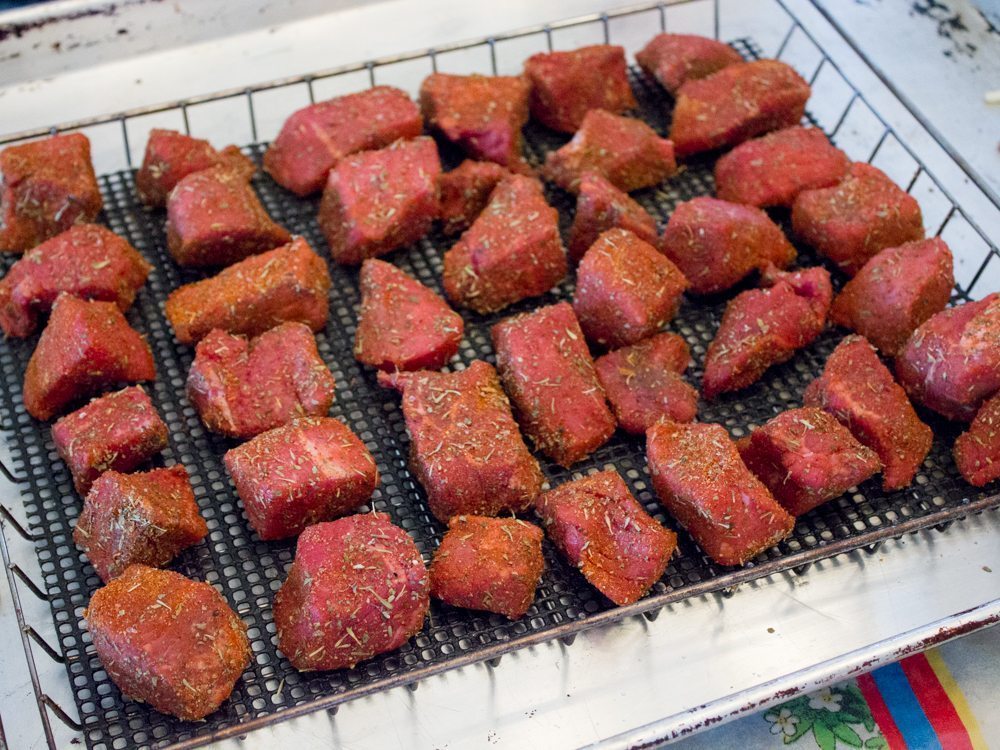 Beef cubes on tray ready for smoking